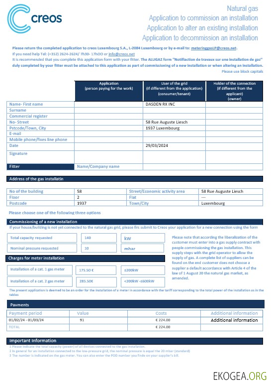 Modèle de facture de services publics de gaz Luxembourg Creos aux formats Word et PDF